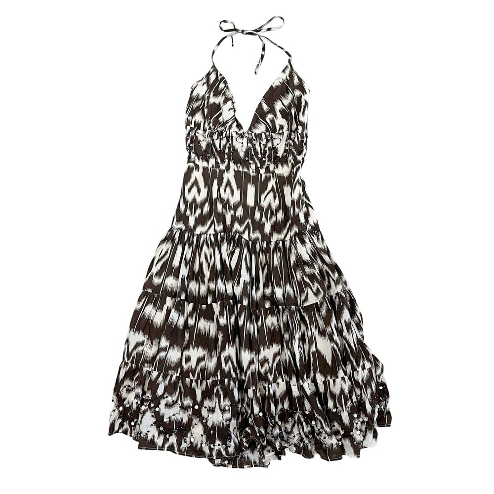 Vintage Y2K Heart Moon Star Brown Ikat Sequin Halter Midi Dress Boho Fairy Sz 2
